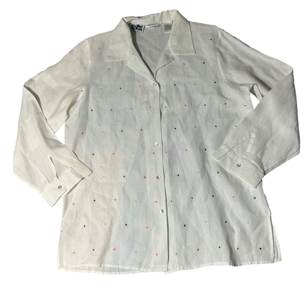 Richard Malcolm White 100% Irish Linen Embroidered Polka Dot Button Down Shirt L